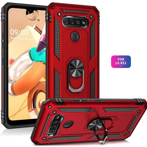 Wholesale LG K51 / Q51 Tech Armor Ring Grip Case with Metal Plate (Red)
